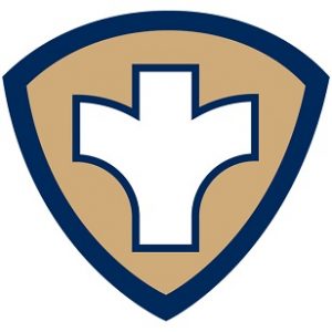 Warren County Health District shield logo. The design features a white cross centered within a tan-colored shield, outlined with a dark blue border.